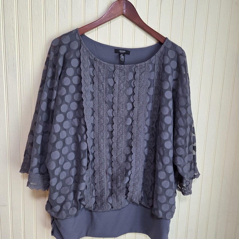 Alfani Blouse Womens Plus 2X Gray Scoop Neck 3/4 Sleeve Polka Dot Lace‎ Tunic